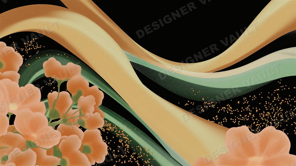 Hanami 4K background, Blossom & gold on green silk, design 1 of 6