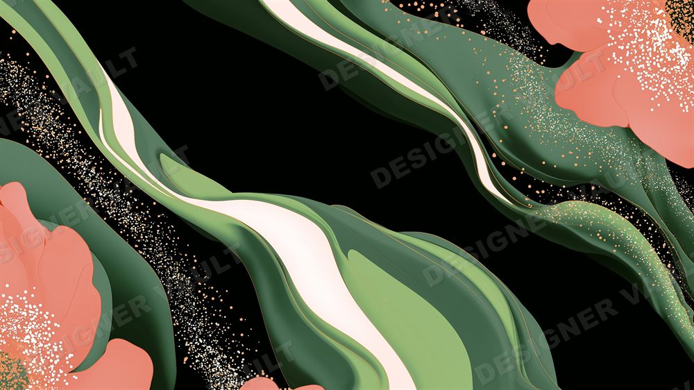 Hanami 4K background, Blossom & gold on green silk, design 2 of 6