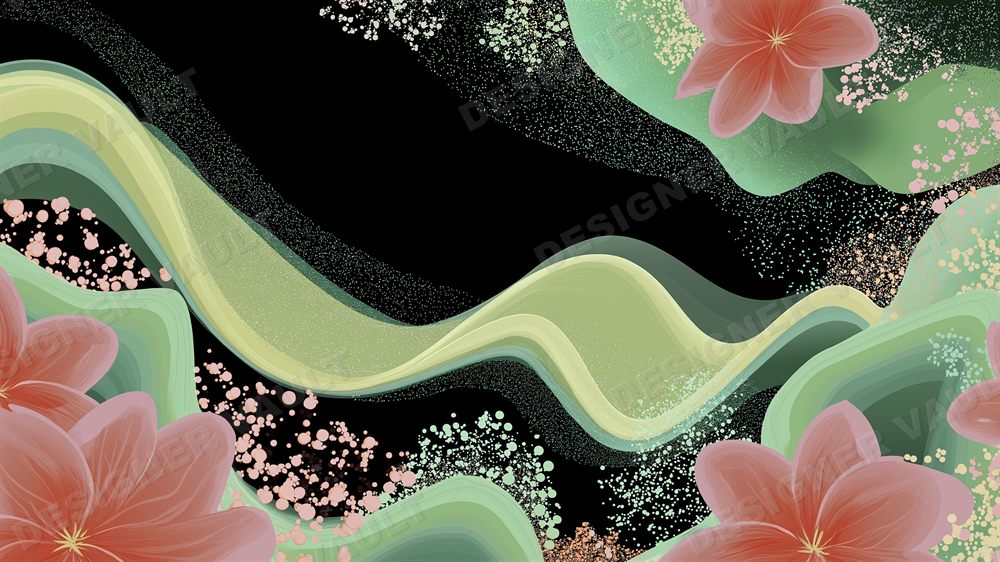 Hanami 4K background, Blossom & gold on green silk, design 6 of 6
