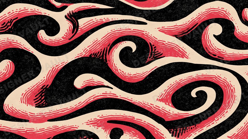 Riptide 4K background, Woodcut wave print, design 1 of 7
